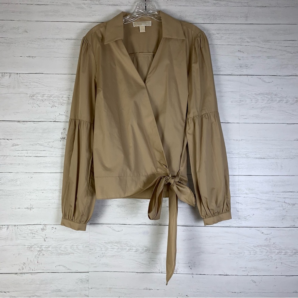 MICHAEL KORS Womens tan Tie Long Sleeve Point Collar Wrap Top Size L